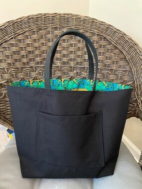 Handmade New Reversible Tote W/Leather Handles and External Pocket